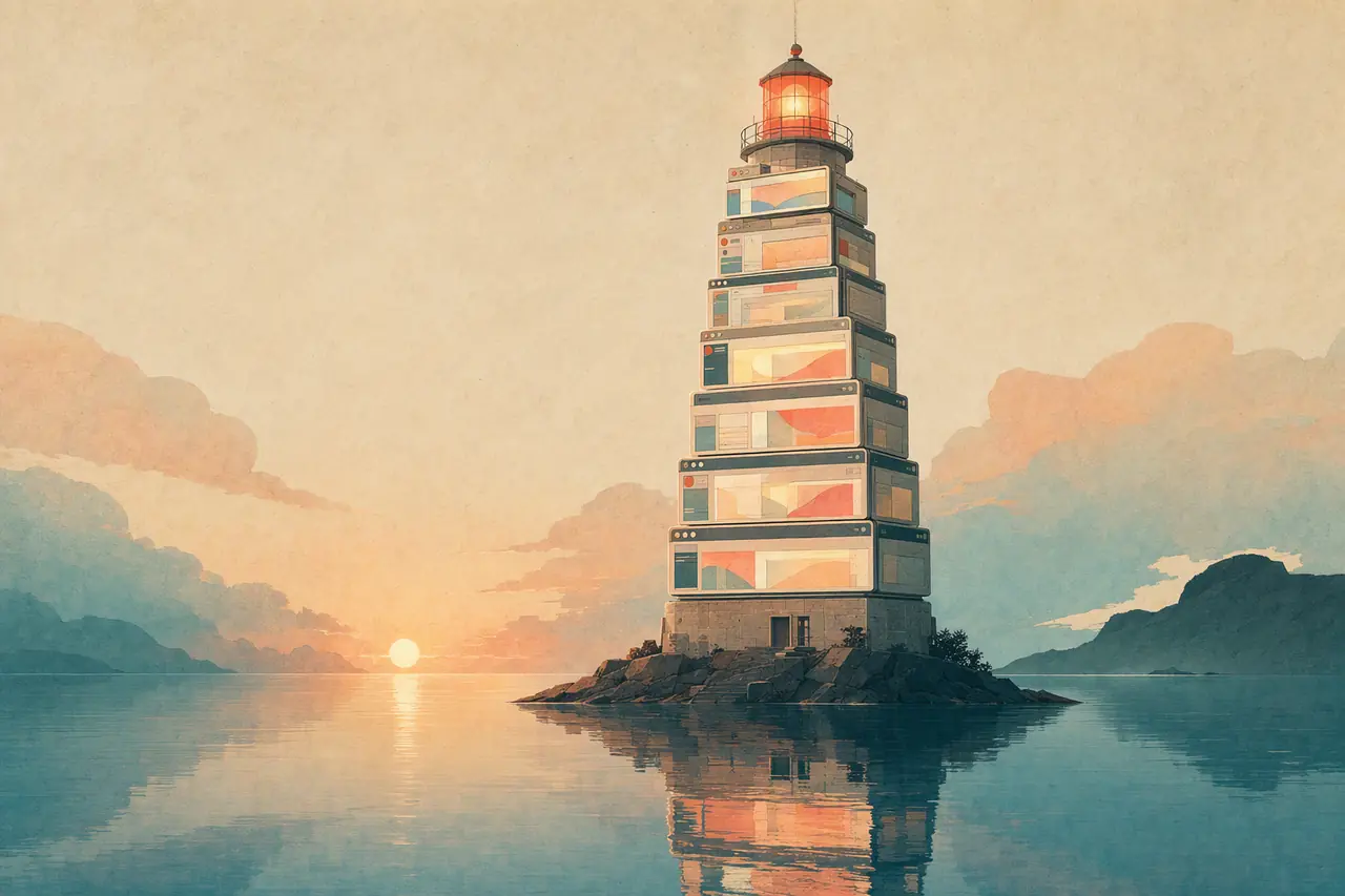 A lighthouse built from glowing browser windows stands in a calm dawn sea.